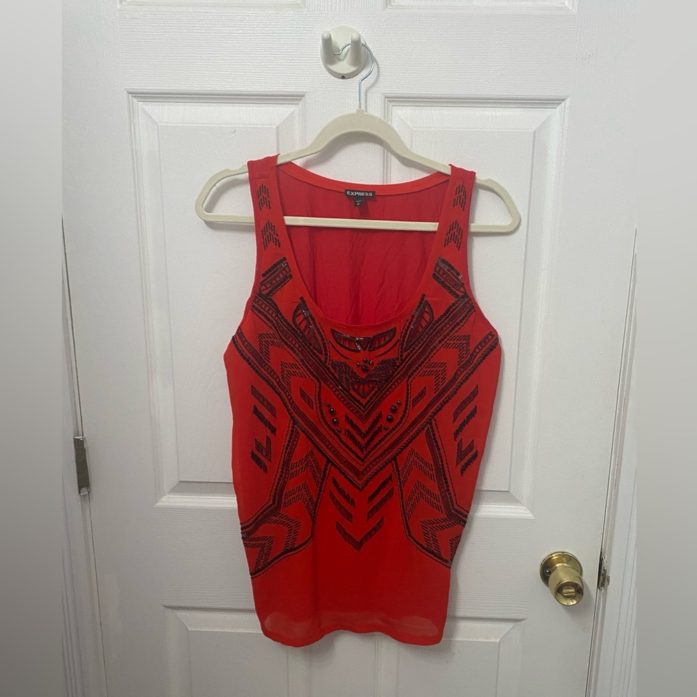 Express Red Tank Top with Black Embroidery sequins beads